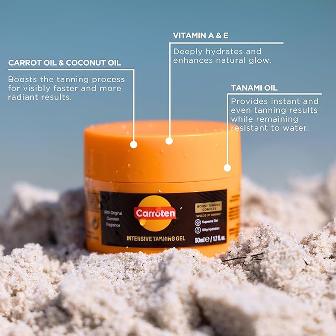 Carroten Intensive Tanning Gel | Travel Size Browning Tan Accelerator | Non-Greasy Water-Resistant with Carrot & Coconut Oil | Vitamin A&E for Moisture & Hydration | TSA Approved | 1.7oz + Spatula