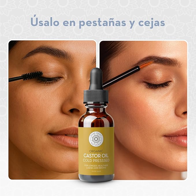Pure Body Naturals Castor Oil for Eyelashes and Eyebrows - 1 Fl Oz Nourishing Brow & Lash Growth Serum - Organic, Hexane Free, Cold Pressed, Unrefined - Eyelash and Eyebrow Growth Serum for Women