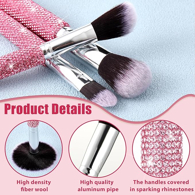 Nuogo Pink 13 Pcs Rhinestone Makeup Brushes Set 12 Bling Crystal Professional Face Cosmetics Blending Liquid Foundation Powder Concealer Eye Shadows Make up Beauty Tool Glitter with 1 Holder