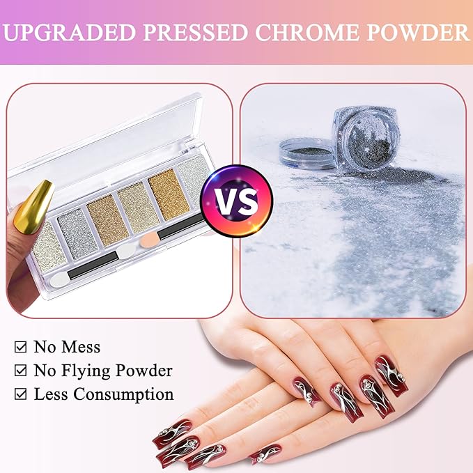 Gold Silver Chrome Nail Powder, 6 Colors Holographic Unicorn Iridescent Nail Chrome Powder, Metallic Mirror Effect Light Gold Champagne Chrome Powder Palette Pigment Glitter for Nail Art