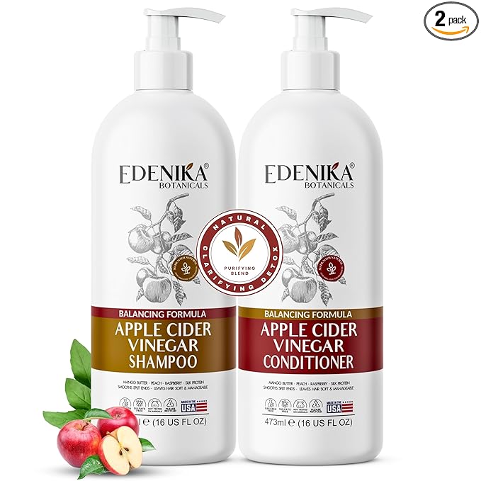 Edenika Botanicals Apple Cider Vinegar Shampoo and Conditioner Set, Deep Cleans, Clarifies, Detoxes Scalp & Hair, Balances pH, Botanical, Sulfate & Paraben Free, 16 fl oz Each