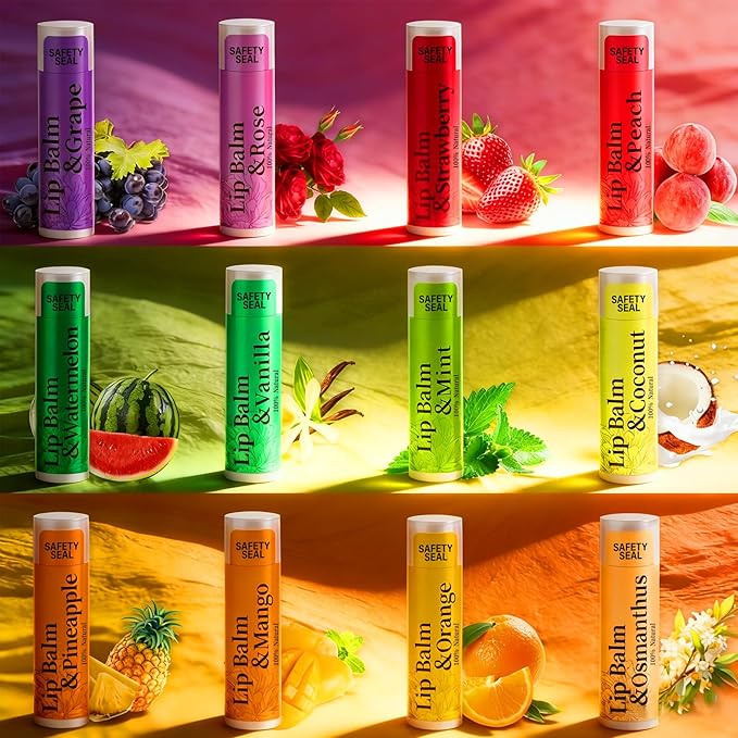 RBUGR 250 Pcs Lip Balm Bulk,12 Fruit Flavored Natural Bulk Lip Balm, Lip Balms Pack with Vitamin E, Lip Balms Gift Set Women Stocking Stuffers Party Favors, Moisturizing&Soothing(4.2g/0.15oz)