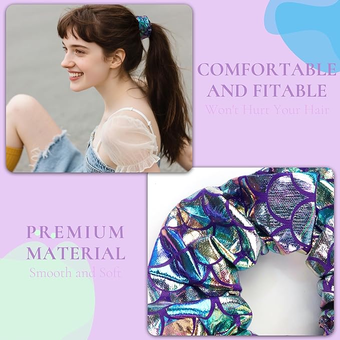 12 Pcs Scrunchies for Women, Shiny Metallic Scrunchies for Girls, Soft Elastic Hair Bands for Ponytail Holder, Fasion Scales Hair Tie Ropes for Teens Party Favorts(Mermaid Scales)