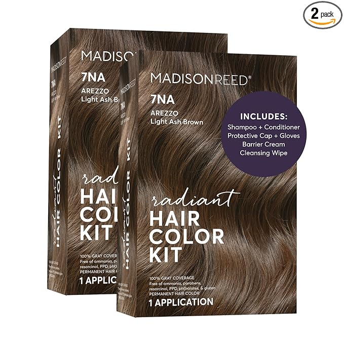Madison Reed Radiant Hair Color Kit - 7NA Light Ash Brown with Cool Smoky Undertones (Arezzo Brown), Dimensional Gray Hair Blending Permanent Hair Dye, PPD-Free & Ammonia-Free, 2 Pack