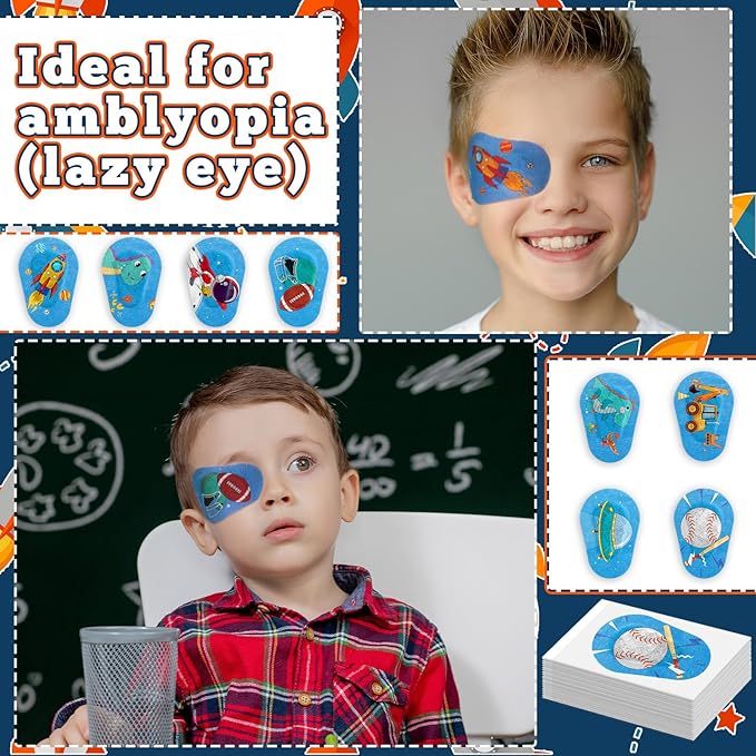 Panitay 40 Pcs Kids Eye Patches for Boys Toddlers Adhesive Patches Bulk with Lazy Eye Breathable Fabric Pad Light Blocking Cute Designs Cotton Adhesive Bandages for Boys Children