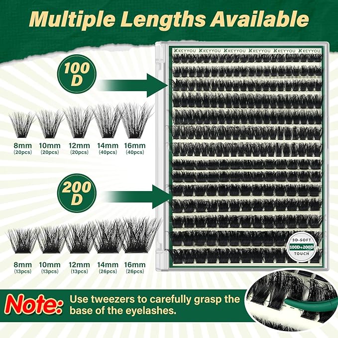 KEYYOU Lash Clusters 3D Effect Eyelash Clusters 231pcs Individual Lashes Wispy Lashes Volume Cluster Lashes Natural Soft DIY Lash Extension(3D-100D200D-D-8-16MIX)