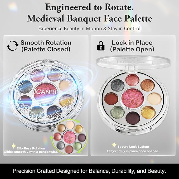 UCANBE Baked Eyeshadow & Blush Palette, High Pigmented Blendable Matte Metallic Shimmer Baked Eye Shadow & Cheek Makeup Palette, Rotating Compact Design Makeup Gift, 01 Medieval Banquet