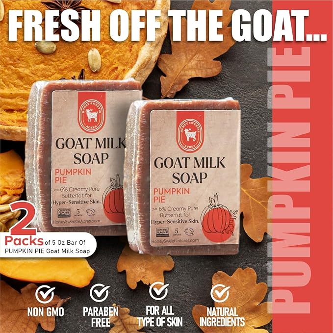 Honey Sweetie Acres 2-Pack Pumpkin Pie Goat Milk Soap - All Natural 5 oz Handmade Bar Soap – Moisturizing, Gentle for Sensitive Skin, Eco-Friendly, Made in the USA