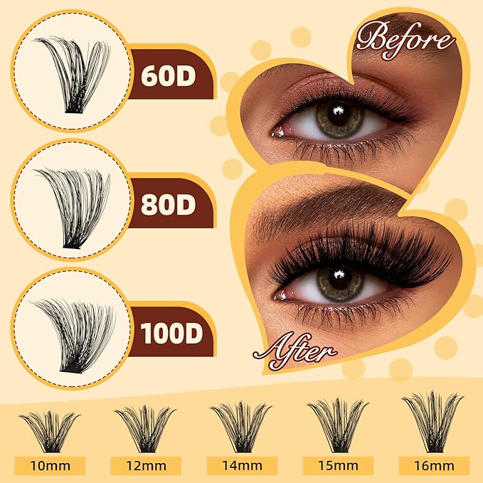 QUEWEL DIY-Lash-Extension-Kit, 280pcs 60+80+100D-Fluffy Lashes-Clusters Mixed 12-18mm Thick Eyelash-Clusters-Kit with Lash Bond and Seal, and Cluster Lashes Tweezers Easy DIY at Home(60+80+100 KIT)