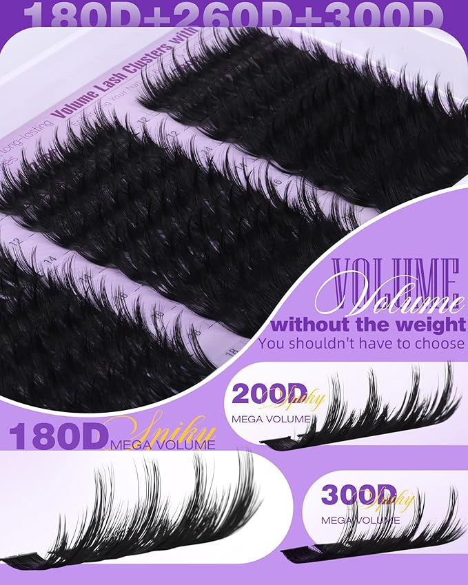 EYDEVRO Volume Lash Clusters Kit with Spikes Fluffy Eyelash Clusters Kit Manga Lash Clusters 180D260D300D Cluster Eyelash Extensions 12-18mm Mega Volume Thick Long D Curl Lash Extension Kit
