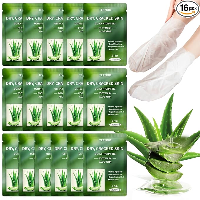 TEAWOO 16 Pairs Moisturizing Foot Masks with Aloe Vera Extract & Jojoba Oil, Intensely Hydrating Foot Mask for Dry Cracked Feet, Moisturizing Socks for Cracked Heel Treatment