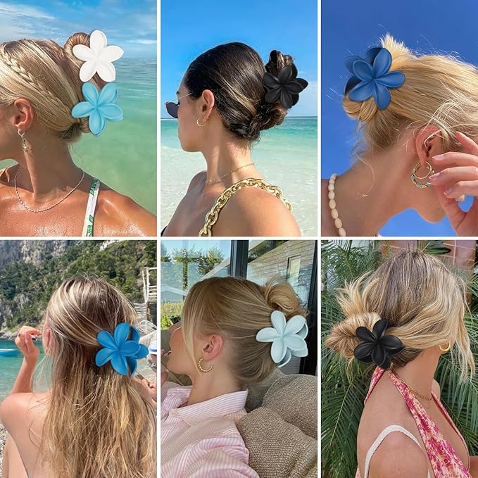 CHANDAT Flower Hair Clips 6 PCS Hawaiian Claw Clips for Vacation Hibiscus Hair Claw Cute Large Hair Clips for Thick and Thin Hair Plumeria Hair Accessories for Women Girls -Blue