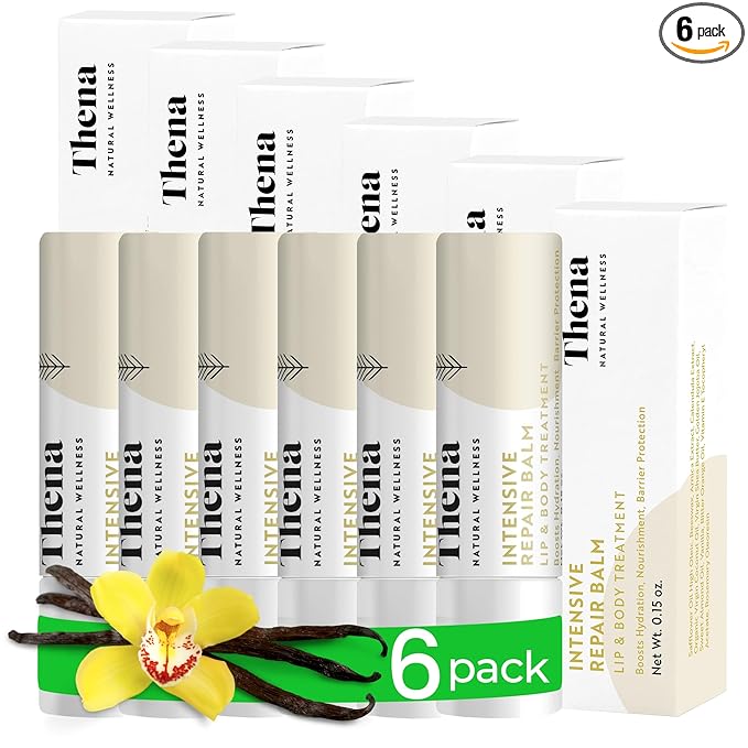 Organic Lip Balm for Cracked Lips, Lip Moisturizer for Very Dry Lips, Barrier Repair Treatment for Dry Cracked Skin with Shea Butter & Vanilla, Hydrating Therapy, 6 Pack, Women & Men