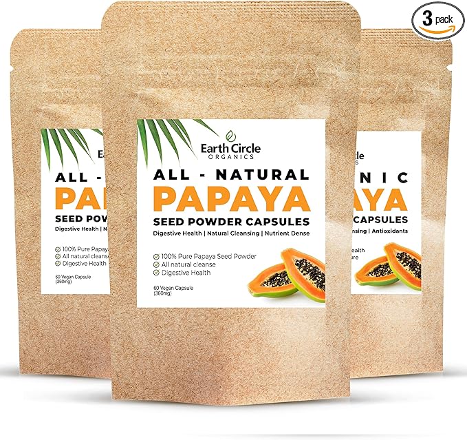 Papaya Seed Powder Capsules – Powerful Papain Supplement with Vitamins A, C, & E & Enzymes for Digestion & Gut Health – 360mg/Serving – 60 Vegan Capsules per Pack (Pack of 3, 90-180 Day Supply)