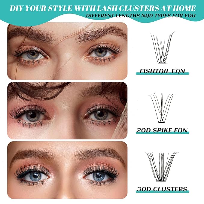 Lash Extension Kit Individual Lash Clusters Kit Bottom Lashes,Fishtail Fan,20D Spike Fan,30D Clusters,Lash Bond and Seal Eyelash Remover and Lash Tweezer DIY at Home by AMZGlRL(D-Mix5-16mm kit)