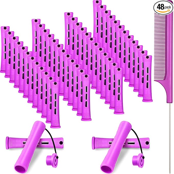 48 Pieces Hair Perm Rods Short Cold Wave Rods Plastic Perming Irons Hair Curling Rollers Curlers with Steel Pintail Comb Rat Tail Comb for Hairdressing Styling Supplies(0.75 Inch,Purple)
