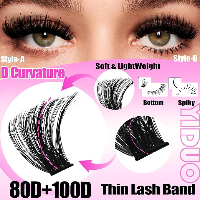 YIDUO 540Pcs Lashes Clusters Kit with Spikes+Bottom Eyelash 80D&100D Volume Clusters Lash Extension 10-18mm Wispy D Curvature Individual False Eyelashes Kit with Lash Bond and Seal, Dual Brow Pencil