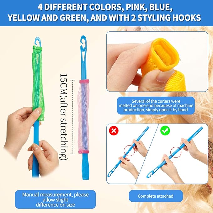 WILLBOND 28 Pieces Heatless Curlers No Heat Spiral Curls Hair Curlers Styling Kit with 2 Pieces Styling Hooks for Most Kinds of Hairstyles (Assorted Color, 15 cm)