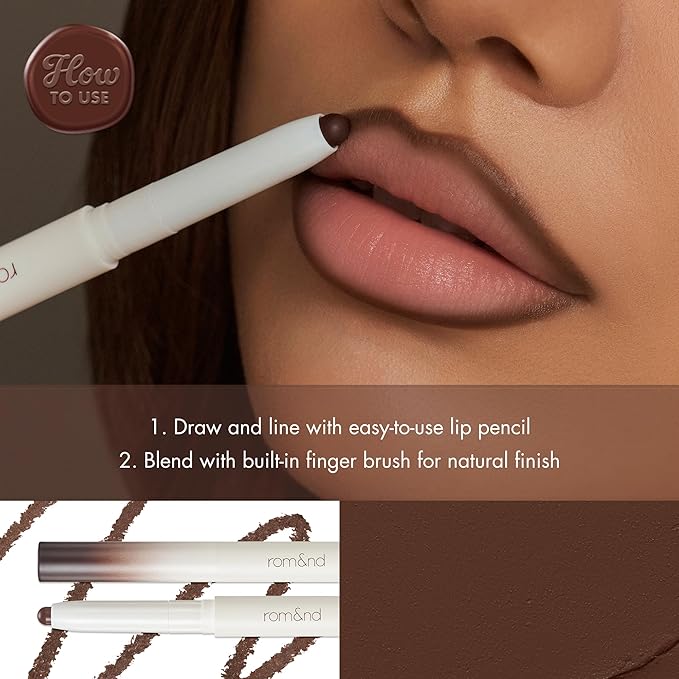 rom&nd LIP MATE PENCIL 08 Bitter Mocha | Precision Lip Liner for Natural Overlining & Contouring | Semi-Matte, Smudge-Proof, Built-in Blending Brush