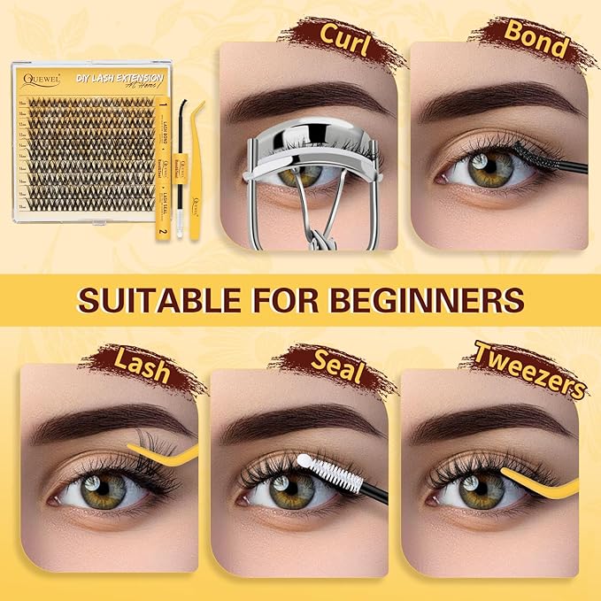 QUEWEL DIY Lash Extension Kit, Wispy Lash Clusters Kit D 10-16mm Lash Clusters Natural Look Super Thin Band Cluster Lashes Kit 120 PCS with Lash Bond and Seal and Lash Tweezers(Feather 03 Kit)