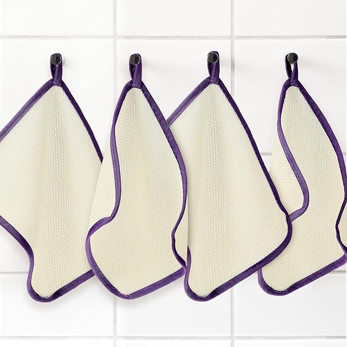 Tatuo 5 Pcs Exfoliating Face and Body Wash Cloths Towel Weave Bath Exfoliating Scrub Massage Bath Cloth for Women and Men, 10.23 x 8.66 Inch(Purple Edge)