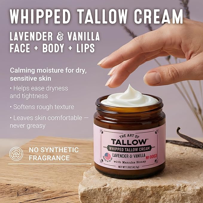 Tallow Face Moisturizer – Lavender Vanilla Beef Tallow for Skin, Whipped Tallow Cream with Manuka Honey & Organic Jojoba Oil, Face Cream, Grass Fed & Finished, Made in USA, 1.5 oz