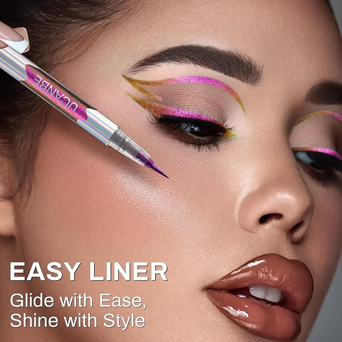 UCANBE Chameleon Liquid Eyeliner - Purple Blue Duo, Multi-Chrome Metallic Shift Eyeliner, Waterproof Glitter Eyeliner with Soft Fine Tip for Multi-Dimensional Eye Looks