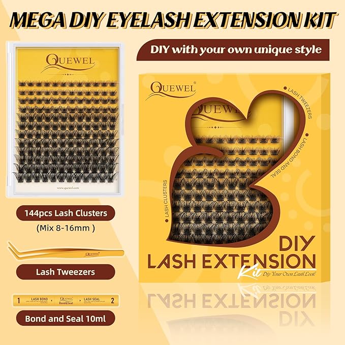 QUEWEL Lash Clusters Kit, 144 Pcs DIY Lash Extension Kit Individual Lashes Eyelash Extension Kit with Lash Bond and Seal Lash Tweezers (144-Mega Kit)