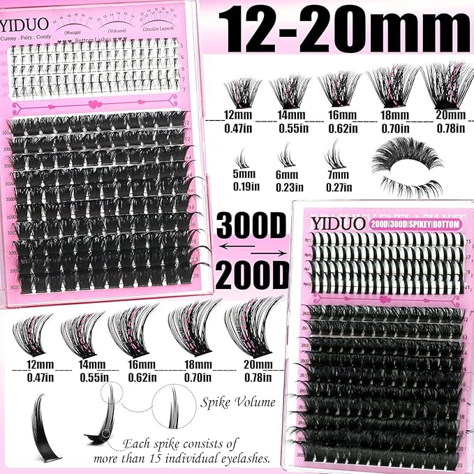 YIDUO Lashes Clusters Kit 200D+300D+Spikes+Bottom Cluster Lash Extensions Kit with Lash Bond and Seal |Tweezers |Removers |Eyebrow Brush (200D+300D-10-18MIX Thick Kit)