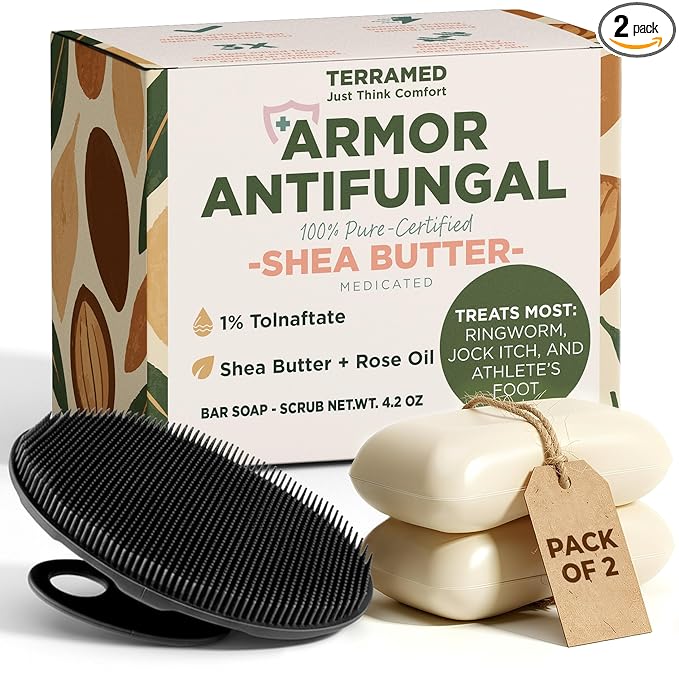 Antifungal Soap Infused with Shea Butter & Rose Oil | Medicated Jock Itch Treatment Helps Fight Ringworm & Athlete’s Foot | Tolnaftate 1% Antifungal Soap for Deep Cleansing | 2 Bars with Scrubber