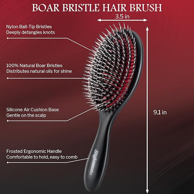 STYLEMATE Boar Bristle Hair Brush for Women Men, Stiff Nylon Pins and Natural Soft Boar Bristles for Thick & Fine Hair, Large Paddle Smoothing Hairbrush for Detangling, Defining, Shine