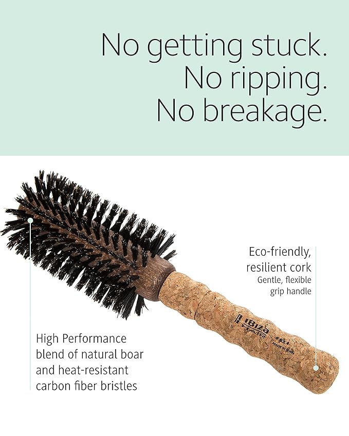 Ibiza Hair Round Boar Bristle Brush (EX4-65mm) | Lightweight with Reinforced Bristles & Cork Handle | Ideal for Crown Volume | Adds Texture & Shine for Medium to Long Styles