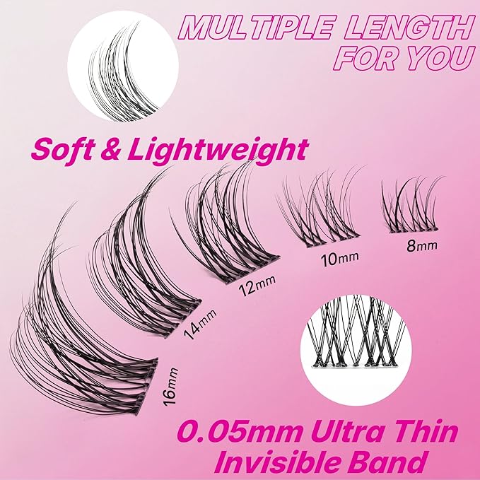 VEYESBEAUTY Lash Clusters Individual Eyelash Extensions Thin & Invisible Band DIY False Eyelashes for Self-application Newbie's Five-Second Series Spider Wispy Lash Tray, Aliva 8-16mm Mixed Length