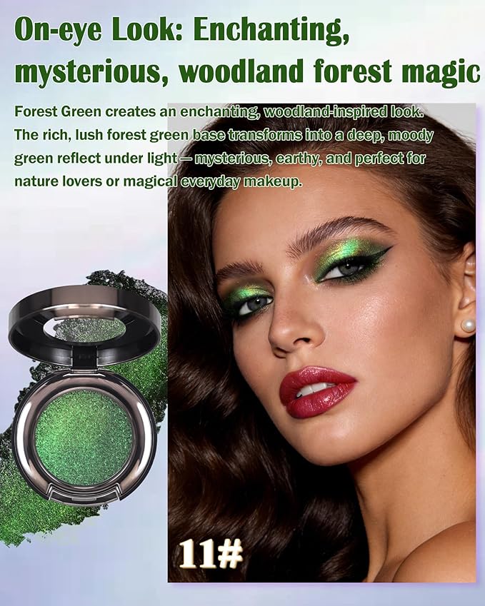 Chameleon Duochrome Glitter Eyeshadow Palette, Holographic Shimmer Single Eye Shadow Palettes, Color Shift Sparkle Iridescent, Multichrome Metallic Eye Brightener Highlighter Makeup-11 Forest Green
