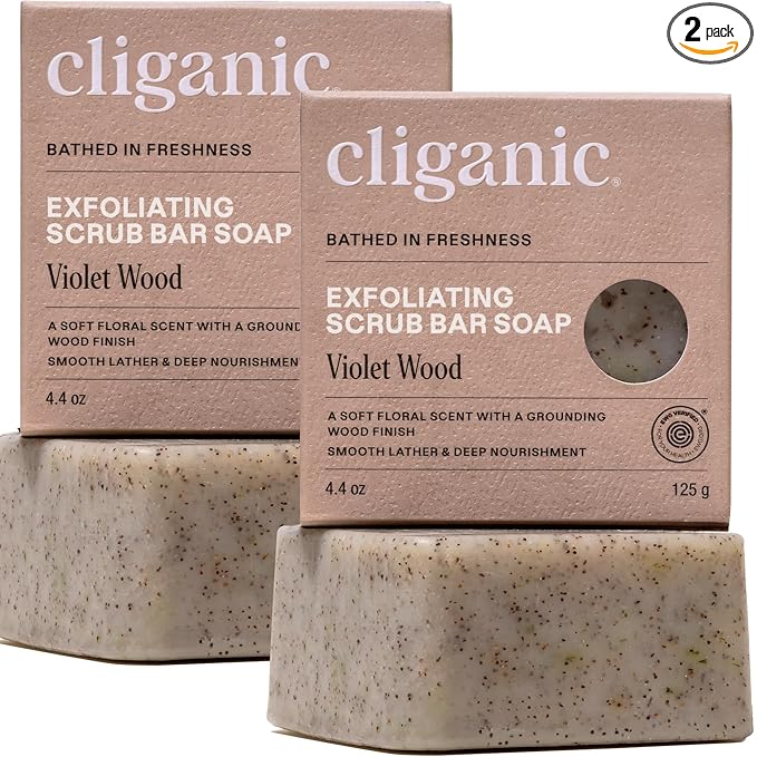 Cliganic Exfoliating Bar Soap – Body Scrub Soap For |Men & Women with 98% Natural Ingredients Cleanses, Smooths & Revitalizes Skin, Moisturizing Soap Bar - Violet Wood Scent (2 Pack)