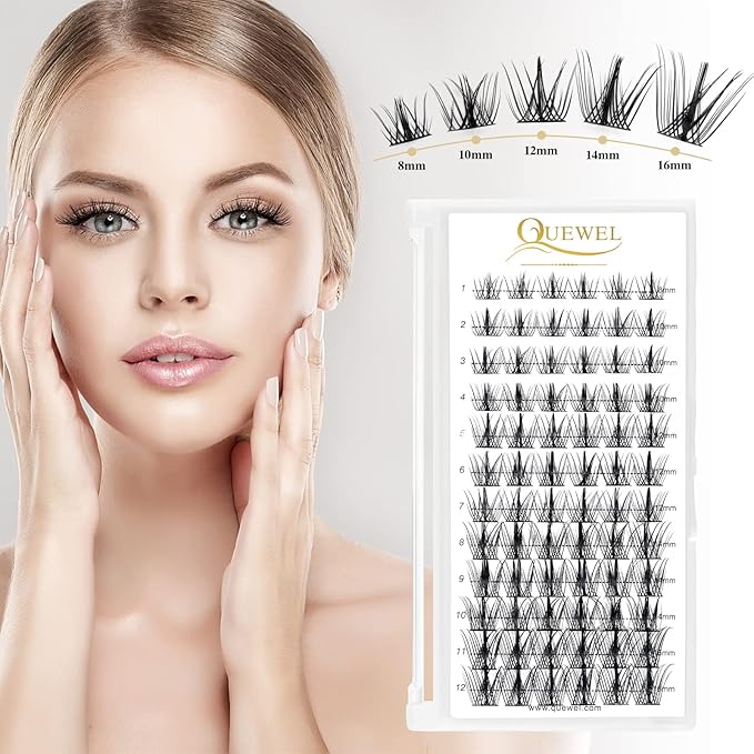 QUEWEL Lash Clusters 72 Pcs Wide Stem Individual Lashes C/D Curl 8-16mm Length DIY Lash Extension Soft False Eyelashes Wispy Cluster Lashes Easy to Create Natural Look At Home(Sparkle-C-MIX8-16mm)