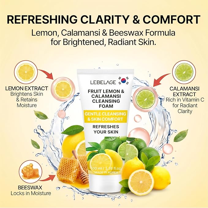 LEBELAGE Korean Lemon Facial Cleanser 3.38 oz | Cleansing Foam Face Wash | Low pH Gentle Hydrating Daily Facial Cleanser Sensitive Skin | Deep Cleansing Foaming Cleanser, Pore Care-All Skin Types