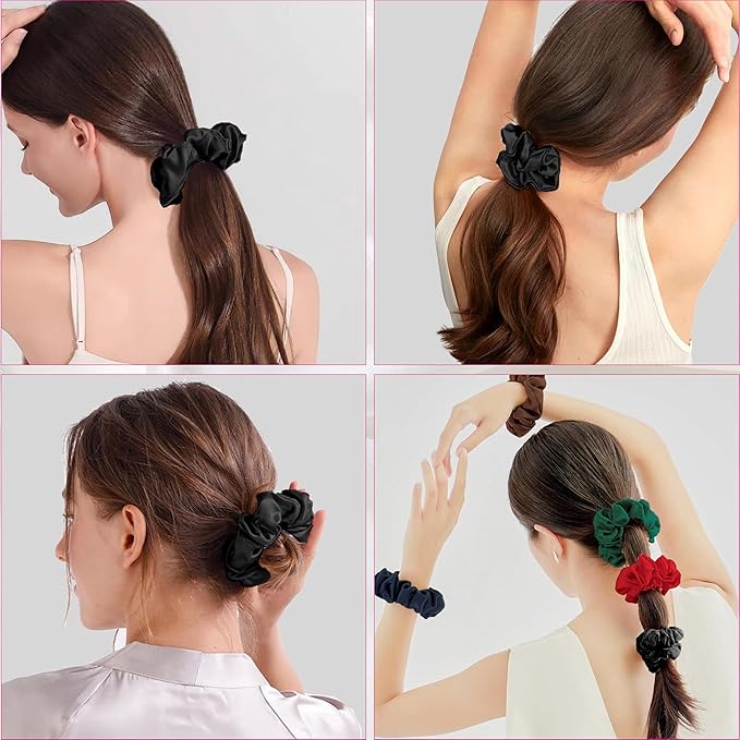 SALE!! Mulberry Silk Scrunchies - 16 Momme Satin Silk Hair Ties for Women, Girls with Curly, Thick or Thin Hair (1, 10 Black)