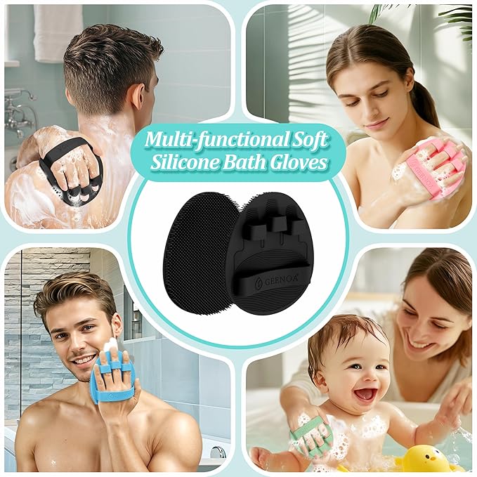 Back Scrubber for Shower & Silicone Bath Glove Set, 19’’ Detachable Long Handle Body Scrubber Wet or Dry Brush, Adjustable 2-in-1 Back & Body Brush with Soft Bristles for Deep Cleaning(White)