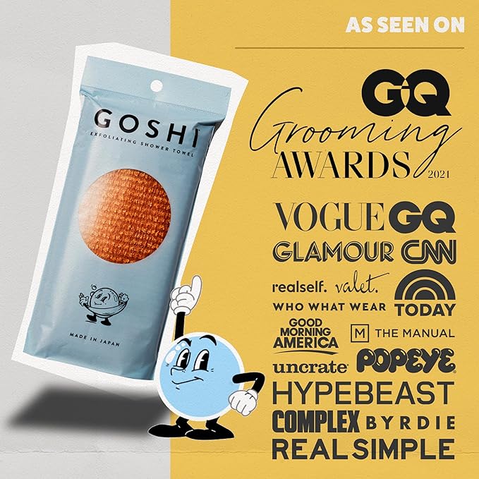 GOSHI Exfoliating Shower Towel - Long Body Scrubber for Back Acne, KP & Smooth Skin - Durable Rip-Resistant Weave, Quick-Dry Nylon Washcloth - Ethically Crafted in Gunma, Japan - Orange
