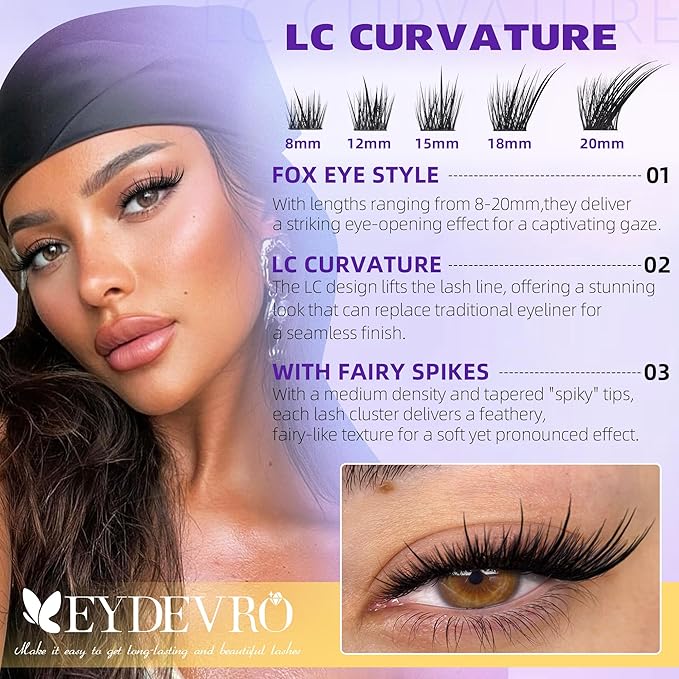 EYDEVRO Fairy Lash Clusters Kit Wispy Eyelash Clusters Kit Volume Lash Clusters with Spikes LC Curl Fox Cat Eye Lashes Manga Cluster Eyelash Extensions Lash Bond and Seal Tools for DIY Lash Extensions