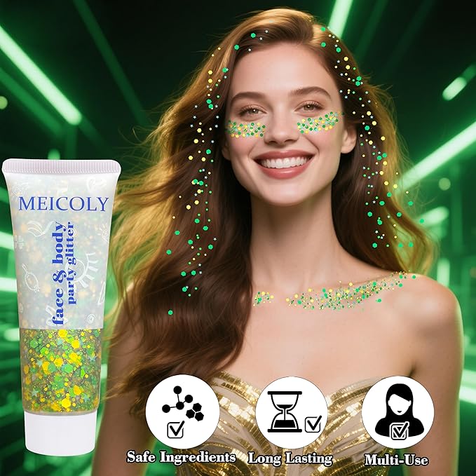 MEICOLY Gold and Green Face Glitter,St Patricks Day Accessories,Gold Hair Sparkle Self-Adhesive Halloween Body Glitter Makeup for Mardi Gras Carnival Irish Festival Party