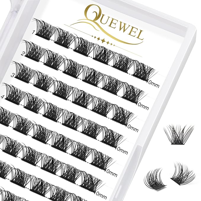 QUEWEL Lash Clusters 72 Pcs Wide Stem Individual Lashes C/D Curl 8-16mm Length DIY Lash Extension Soft False Eyelashes Wispy Cluster Lashes Easy to Create Natural Look At Home(Mega-D-10mm)