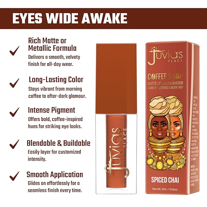 Juvia's Place Coffee Shop Liquid Eyeshadow Spiced Chai - Matte Finish for Rich, Long-Lasting Color, Waterproof, and Smooth Texture - Buildable and Vibrant - Ideal for All Skin Tones, 0.08 fl oz