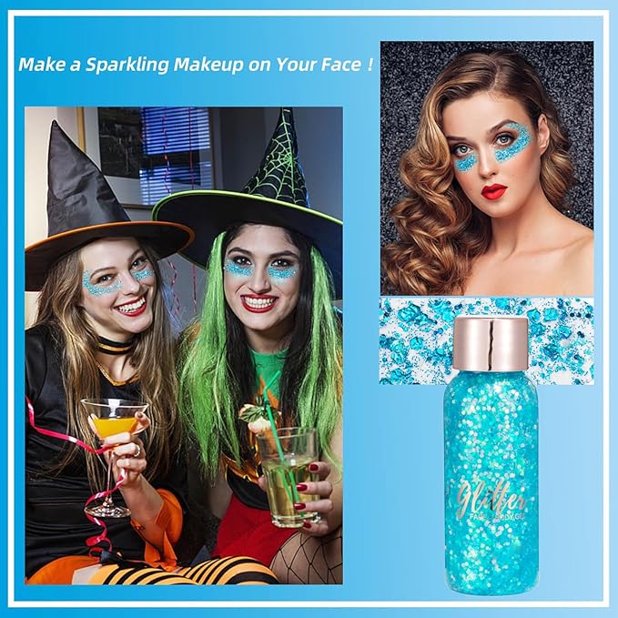 Mermaid Sequins Chunky Glitter Liquid Eyeshadow Glitter Body Gel Festival Glitter Cosmetic Face Hair Nails Makeup Long Lasting Sparkling 30g (#106 Light Blue)