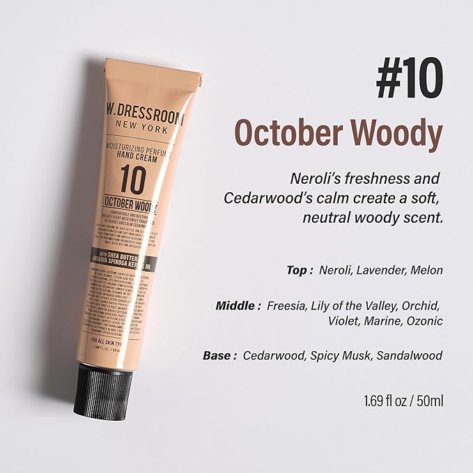 W.Dressroom Moisturizing Hand Cream for Dry Hands, Non-Greasy, Quick-Absorbing Korean Hand Lotion, Travel Size 1.69 fl oz (50 ml), No.10 October Woody Scent