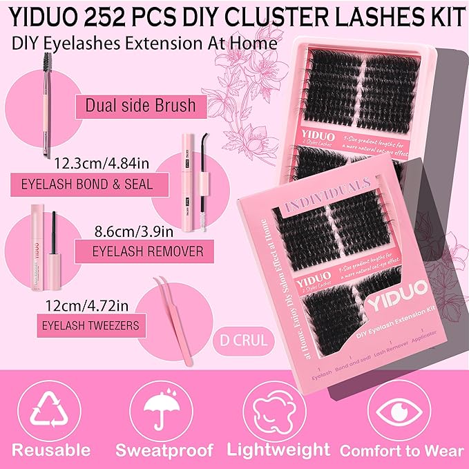 YIDUO Lash Clusters Kit 100D+150D 10-18mm Cat Eye Eyelash Extensions Kit Volume Wispy Left & Right Individual DIY Lash Extension Kit with Glue |Tweezers |Removers |Eyelash & Eyebrow Brush