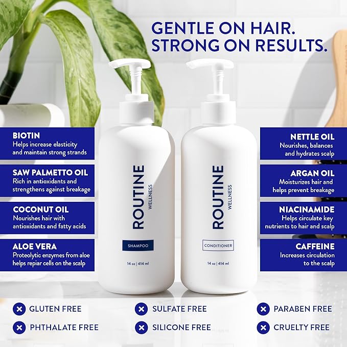 Routine Wellness Anti-Thinning Shampoo and Conditioner Set for Thinning Hair - Biotin DHT Blocker Women & Men - Color Safe Shampoo for Hair Loss & Healthier Hair - Wildflower & Jasmine (Pack of 2)