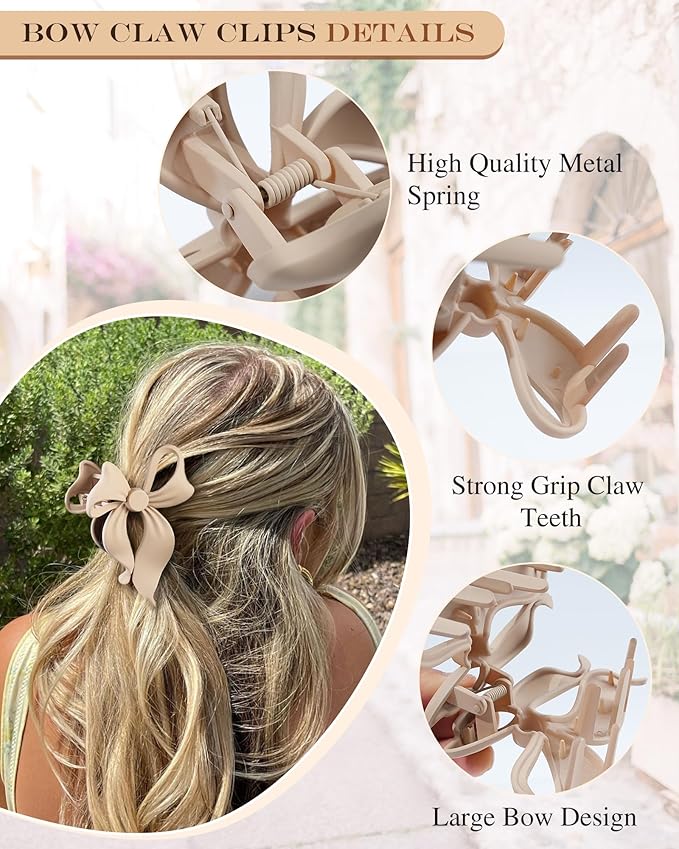 4 PCS Bow Hair Clips Bow Claw Clip for Women, Large Hair Claw Clips for Thin Thick Long Hair Cute Nonslip Bows (Dark Brown+Light Brown+Off-White+Light Pink)