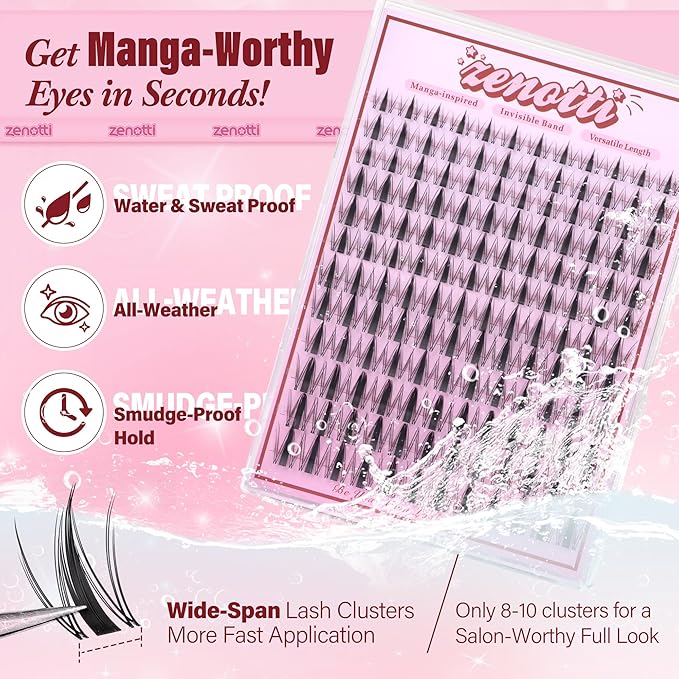 Fairy Lash Clusters Manga Eyelash Clusters Natural Wispy Cluster Eyelash Extensions with Invisible Band Viva Spiky Individual Lashes DIY Salon Look Lash Extension at Home by zenotti (144pcs 8-18mm)